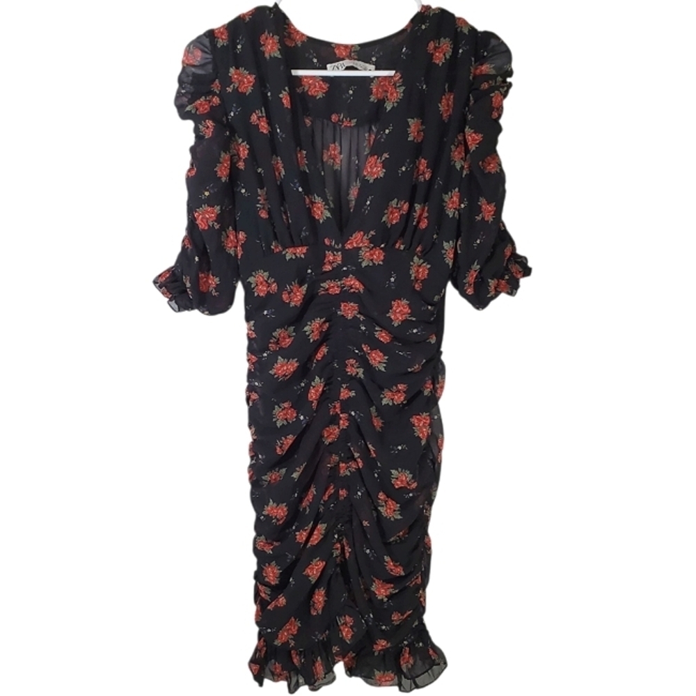 Zara Black Mini Dress with Red Floral Print